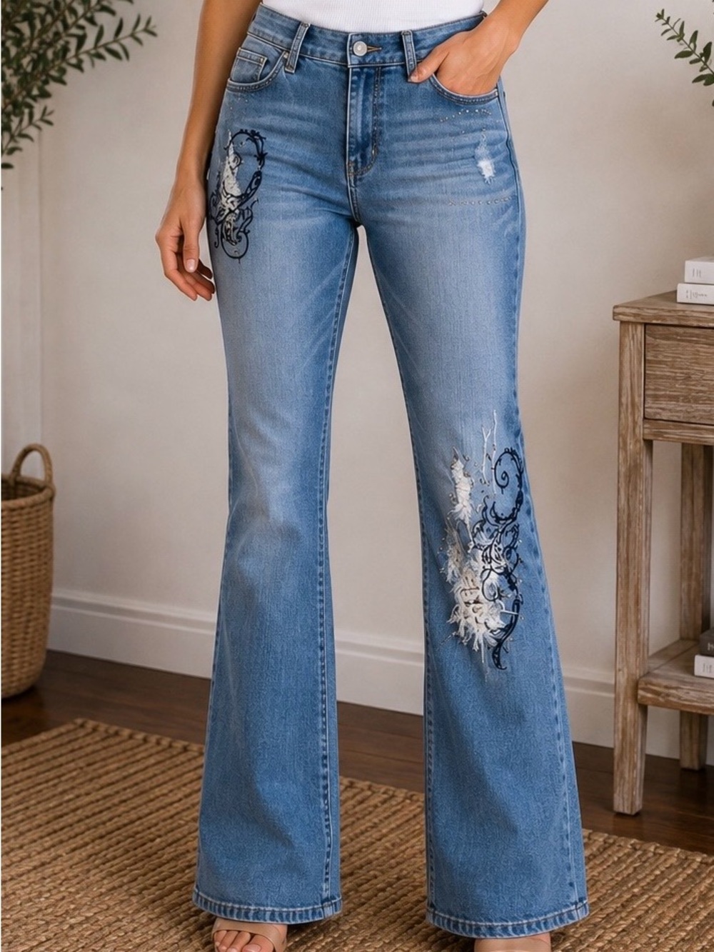 WHBM Blanc Jeans Size 12 Embellished Bootcut Distressed Jeans